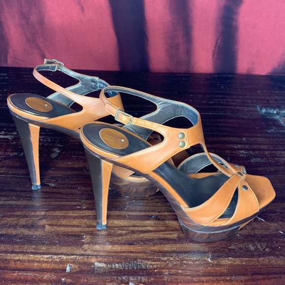 Stuart Weitzman Brown Tan Leather Wood High Heel Platform Strappy Sexy - Picture 3 of 8